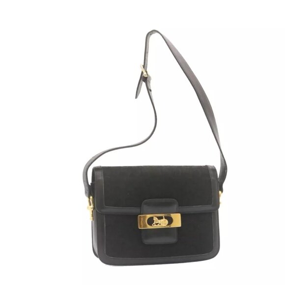 CELINE C Macadam Horse Carriage Shoulder Bag Canvas Black Gold Auth am1471g - Picture 1 of 16